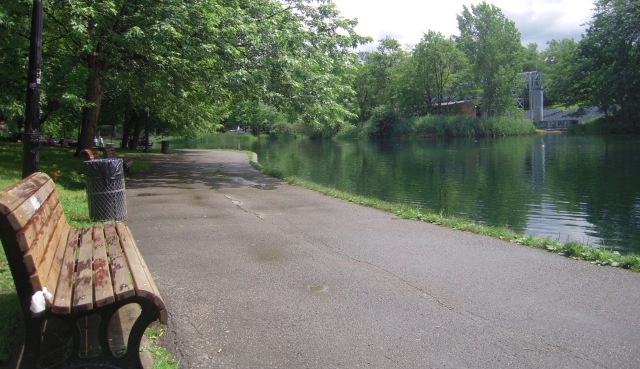 bench looks over water at Parc La Fontaine